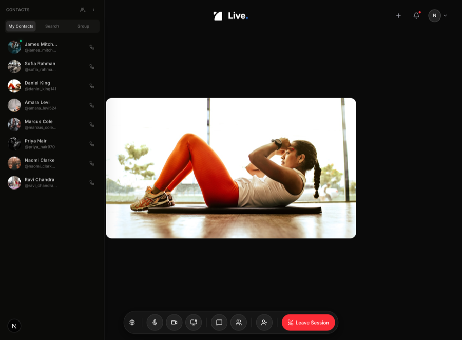 A Relo Live coaching session in progress, with the contacts sidebar and call controls