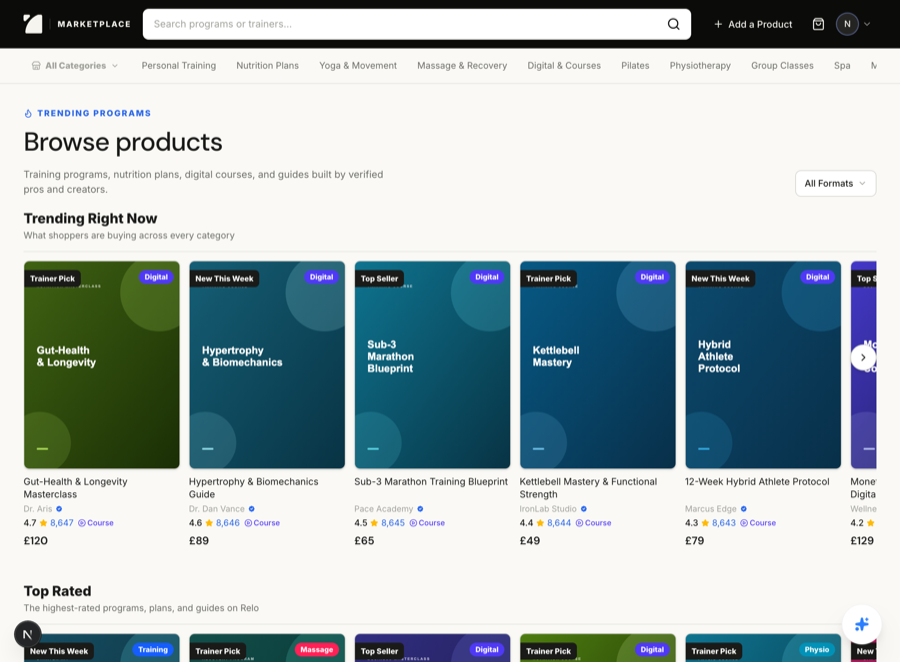 The Relo marketplace browsing trending training programs and digital courses
