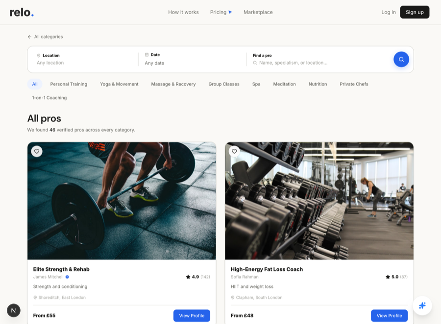 Relo search results showing verified professionals with ratings and prices
